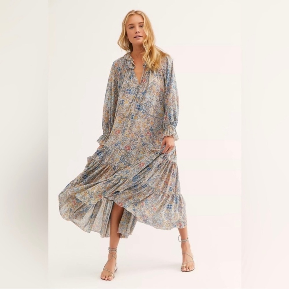 Free People Feeling Groovy Maxi Dress Size S Small Ivory Blue Combo Floral